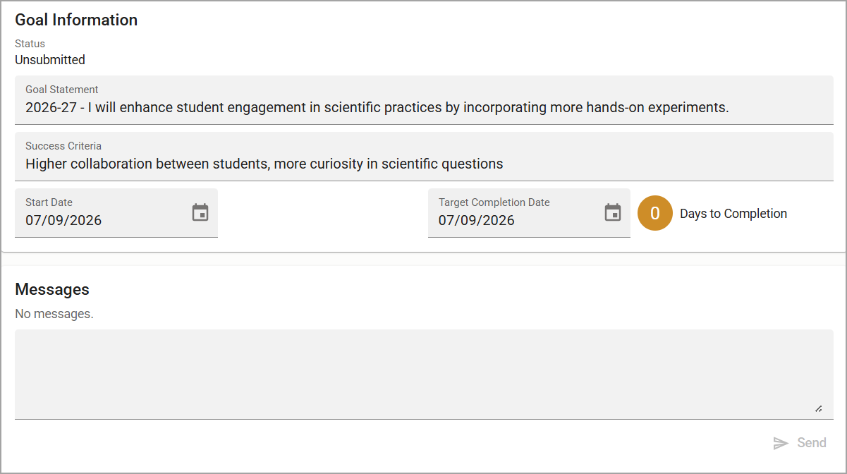 Goal information showing status, statement, success criteria, and completion dates, and a messages box to communicate with your evaluator.